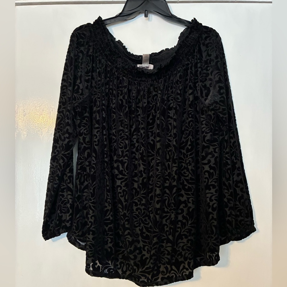 LOFT Black Floral Velvet Blouse